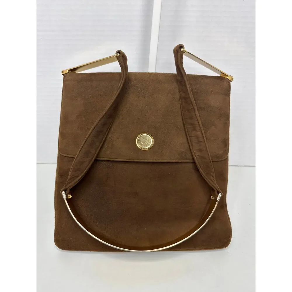 Prestige Vintage suede brown bag with gold hardware & flap closure